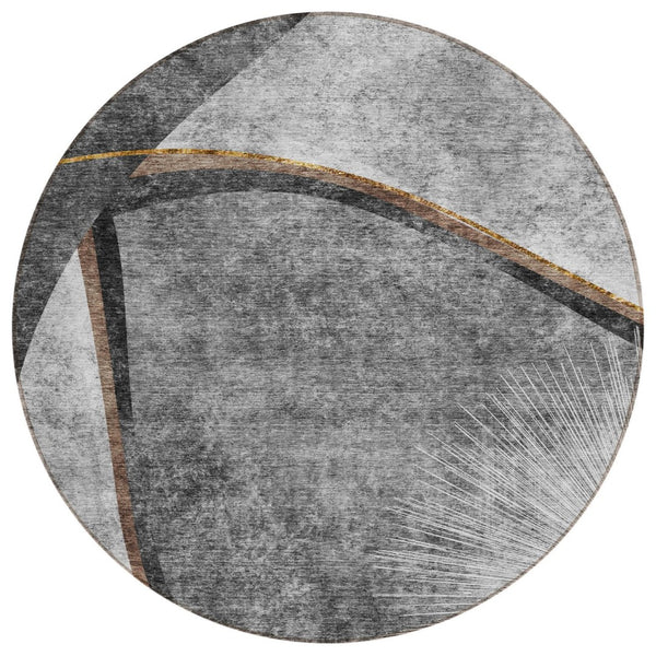 HomeRoots 5' Modern Abstract Washable Area Rug in Gray and Chocolate for Indoor and Outdoor Spaces 8' Round 582256