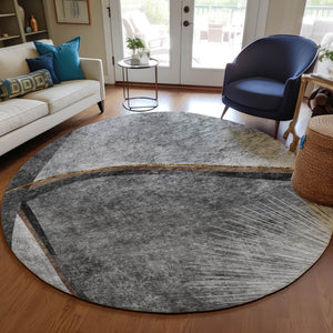 Homeroots 3' Gray Chocolate And Silver Abstract Washable Area Rug For Indoor And Outdoor Spaces, Stylish Decor 8' Round Polyester 582256