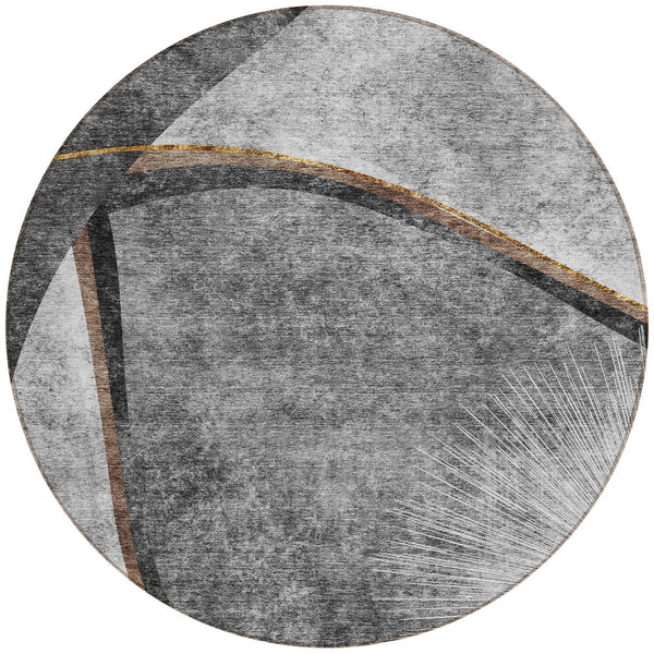 Homeroots 3' Gray Chocolate And Silver Abstract Washable Area Rug For Indoor And Outdoor Spaces, Stylish Decor 8' Round Polyester 582256