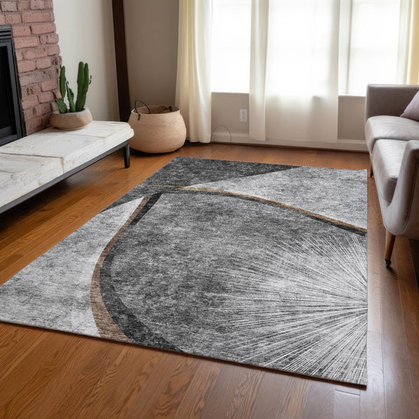Homeroots 3' Gray Chocolate And Silver Abstract Washable Area Rug For Indoor And Outdoor Spaces, Stylish Decor 10' X 14' Polyester 582259