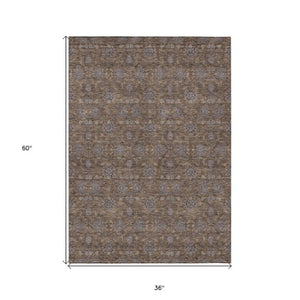 Homeroots 3' Chocolate And Gray Floral Washable Area Rug For Indoor And Outdoor Spaces, Durable Design 3' X 5' Polyester 582260