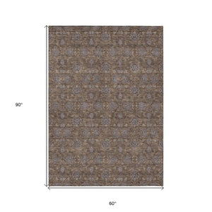 Homeroots 3' Chocolate And Gray Floral Washable Area Rug For Indoor And Outdoor Spaces, Durable Design 5' X 8' Polyester 582261