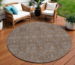 Homeroots 3' Chocolate And Gray Floral Washable Area Rug For Indoor And Outdoor Spaces, Durable Design 8' Round Polyester 582262