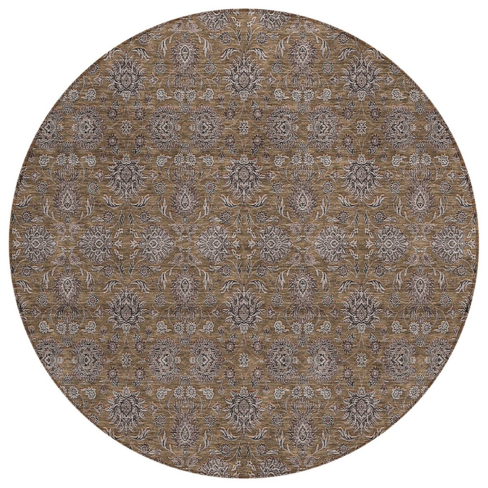 HomeRoots 5' Chocolate and Gray Floral Area Rug - Stylish, Washable, Durable for Indoor and Outdoor Spaces 8' Round 582262