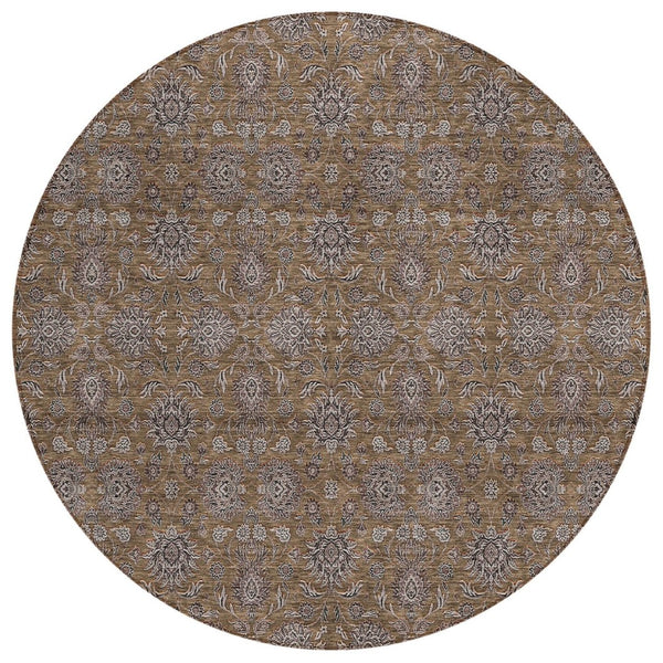 HomeRoots 5' Chocolate and Gray Floral Area Rug - Stylish, Washable, Durable for Indoor and Outdoor Spaces 8' Round 582262