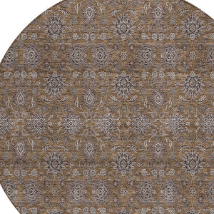 Homeroots 3' Chocolate And Gray Floral Washable Area Rug For Indoor And Outdoor Spaces, Durable Design 8' Round Polyester 582262
