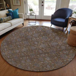Homeroots 3' Chocolate And Gray Floral Washable Area Rug For Indoor And Outdoor Spaces, Durable Design 8' Round Polyester 582262