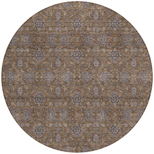 Homeroots 3' Chocolate And Gray Floral Washable Area Rug For Indoor And Outdoor Spaces, Durable Design 8' Round Polyester 582262
