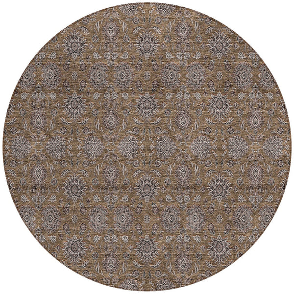 Homeroots 3' Chocolate And Gray Floral Washable Area Rug For Indoor And Outdoor Spaces, Durable Design 8' Round Polyester 582262