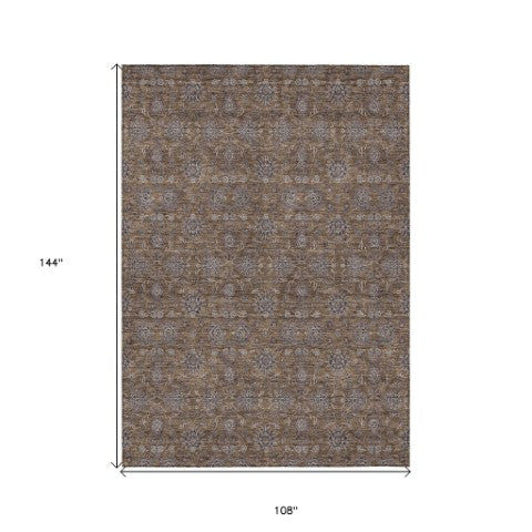 Homeroots 3' Chocolate And Gray Floral Washable Area Rug For Indoor And Outdoor Spaces, Durable Design 9' X 12' Polyester 582264
