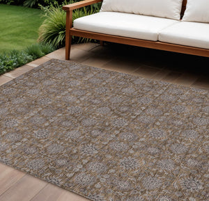 Homeroots 3' Chocolate And Gray Floral Washable Area Rug For Indoor And Outdoor Spaces, Durable Design 9' X 12' Polyester 582264