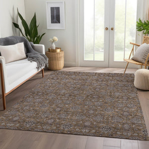Homeroots 3' Chocolate And Gray Floral Washable Area Rug For Indoor And Outdoor Spaces, Durable Design 9' X 12' Polyester 582264