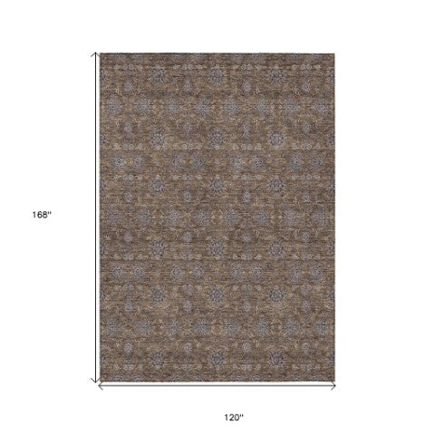 Homeroots 3' Chocolate And Gray Floral Washable Area Rug For Indoor And Outdoor Spaces, Durable Design 10' X 14' Polyester 582265