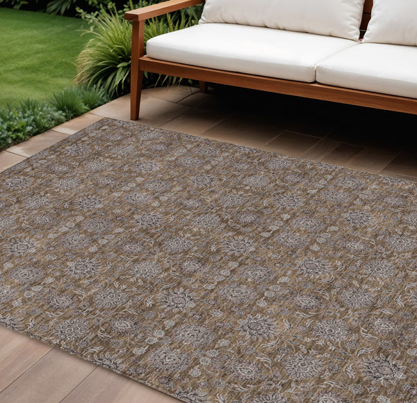 Homeroots 3' Chocolate And Gray Floral Washable Area Rug For Indoor And Outdoor Spaces, Durable Design 10' X 14' Polyester 582265