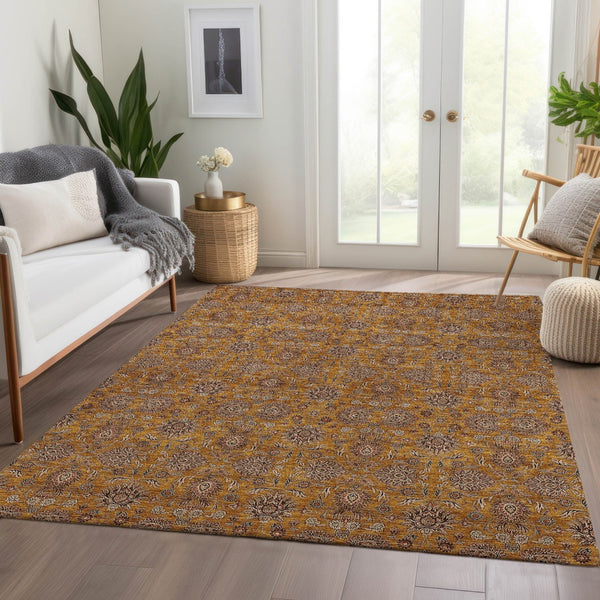 Homeroots 3' Chocolate And Gray Floral Washable Area Rug For Indoor And Outdoor Spaces, Durable Design 5' X 8' Polyester 582267