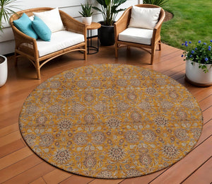 Homeroots 3' Chocolate And Gray Floral Washable Area Rug For Indoor And Outdoor Spaces, Durable Design 8' Round Polyester 582268