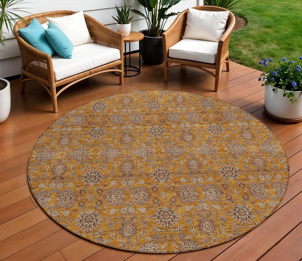 Homeroots 3' Chocolate And Gray Floral Washable Area Rug For Indoor And Outdoor Spaces, Durable Design 8' Round Polyester 582268