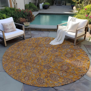 Homeroots 3' Chocolate And Gray Floral Washable Area Rug For Indoor And Outdoor Spaces, Durable Design 8' Round Polyester 582268