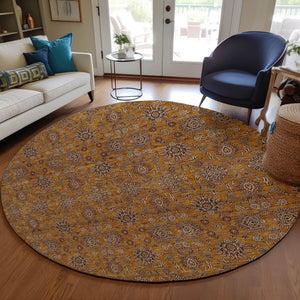 Homeroots 3' Chocolate And Gray Floral Washable Area Rug For Indoor And Outdoor Spaces, Durable Design 8' Round Polyester 582268
