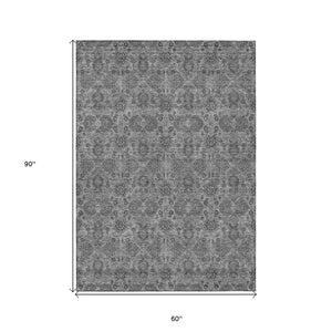HomeRoots 5' Gray Silver Charcoal Floral Washable Area Rug - Durable, Versatile Design for Indoor & Outdoor Spaces 5' X 8' 582273
