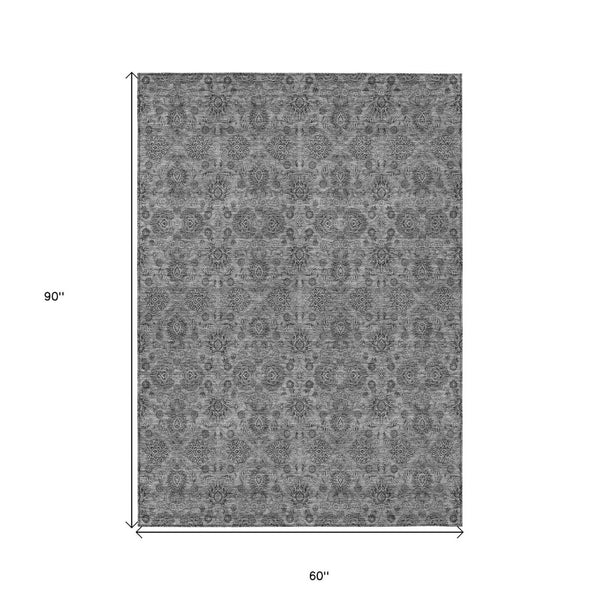 HomeRoots 5' Gray Silver Charcoal Floral Washable Area Rug - Durable, Versatile Design for Indoor & Outdoor Spaces 5' X 8' 582273