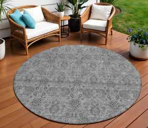 Homeroots 3' Chocolate And Gray Floral Washable Area Rug For Indoor And Outdoor Spaces, Durable Design 8' Round Polyester 582274