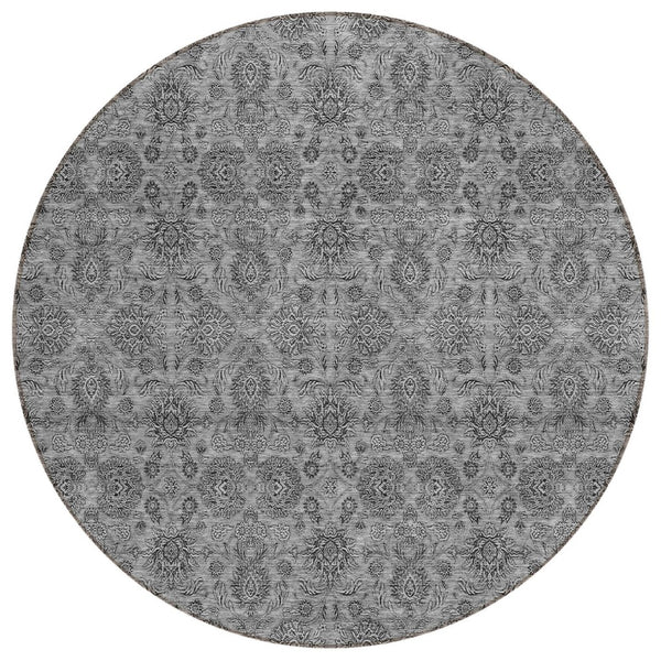 HomeRoots 5' Gray Silver Charcoal Floral Washable Area Rug - Durable, Versatile Design for Indoor & Outdoor Spaces 8' Round 582274