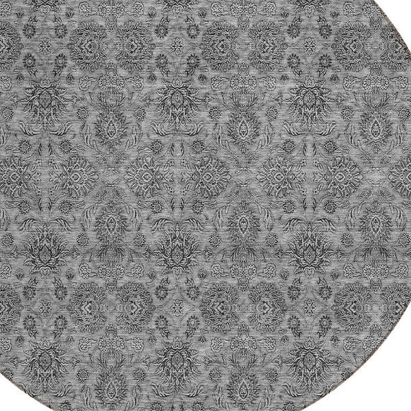 Homeroots 3' Chocolate And Gray Floral Washable Area Rug For Indoor And Outdoor Spaces, Durable Design 8' Round Polyester 582274
