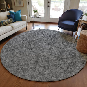 Homeroots 3' Chocolate And Gray Floral Washable Area Rug For Indoor And Outdoor Spaces, Durable Design 8' Round Polyester 582274