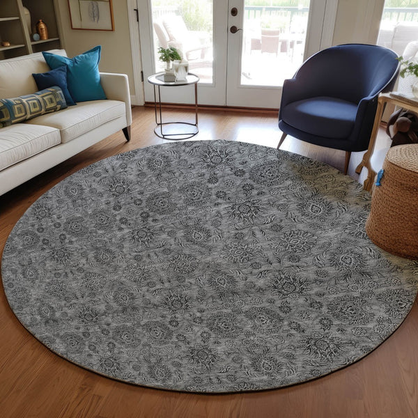 Homeroots 3' Chocolate And Gray Floral Washable Area Rug For Indoor And Outdoor Spaces, Durable Design 8' Round Polyester 582274
