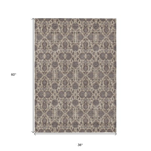 Homeroots 3' Chocolate And Gray Floral Washable Area Rug For Indoor And Outdoor Spaces, Durable Design 3' X 5' Polyester 582278