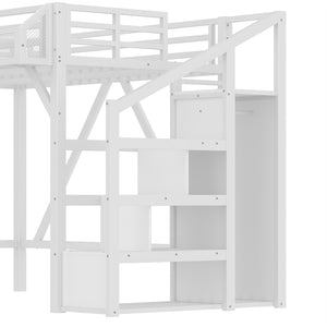 English Elm Full Xl Over Twin Triple Metal Bunk Bed with Storage Stairs and Shelves Black White W1580S00408