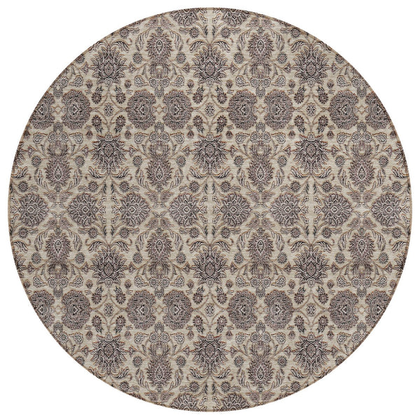 Homeroots 3' Chocolate And Gray Floral Washable Area Rug For Indoor And Outdoor Spaces, Durable Design 8' Round Polyester 582280