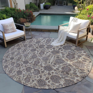 Homeroots 3' Chocolate And Gray Floral Washable Area Rug For Indoor And Outdoor Spaces, Durable Design 8' Round Polyester 582280