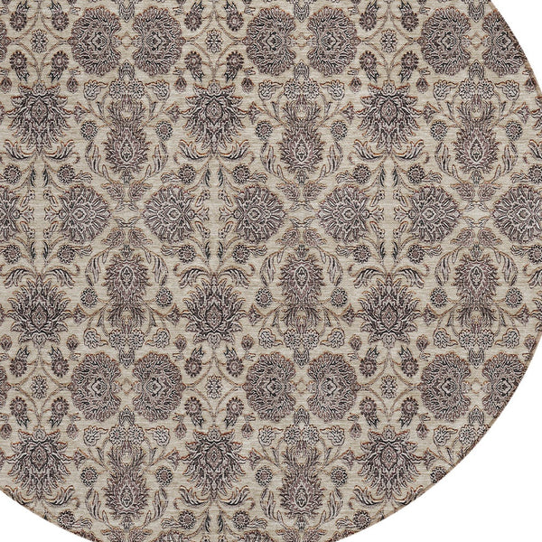 Homeroots 3' Chocolate And Gray Floral Washable Area Rug For Indoor And Outdoor Spaces, Durable Design 8' Round Polyester 582280