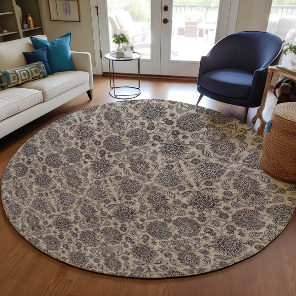 Homeroots 3' Chocolate And Gray Floral Washable Area Rug For Indoor And Outdoor Spaces, Durable Design 8' Round Polyester 582280