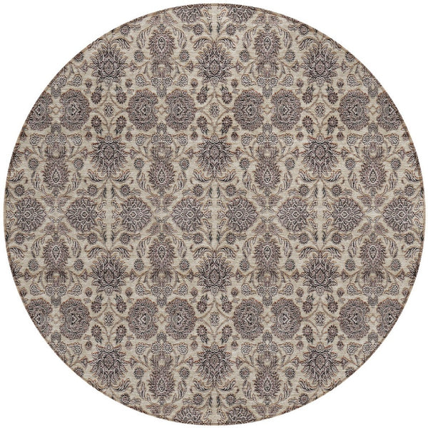 Homeroots 3' Chocolate And Gray Floral Washable Area Rug For Indoor And Outdoor Spaces, Durable Design 8' Round Polyester 582280