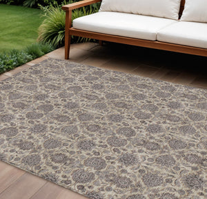 Homeroots 3' Chocolate And Gray Floral Washable Area Rug For Indoor And Outdoor Spaces, Durable Design 8' X 10' Polyester 582281
