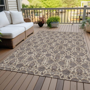 Homeroots 3' Chocolate And Gray Floral Washable Area Rug For Indoor And Outdoor Spaces, Durable Design 8' X 10' Polyester 582281