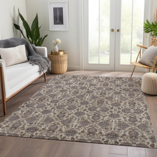 Homeroots 3' Chocolate And Gray Floral Washable Area Rug For Indoor And Outdoor Spaces, Durable Design 8' X 10' Polyester 582281