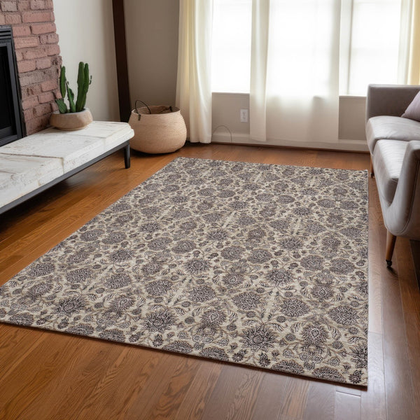 Homeroots 3' Chocolate And Gray Floral Washable Area Rug For Indoor And Outdoor Spaces, Durable Design 10' X 14' Polyester 582283