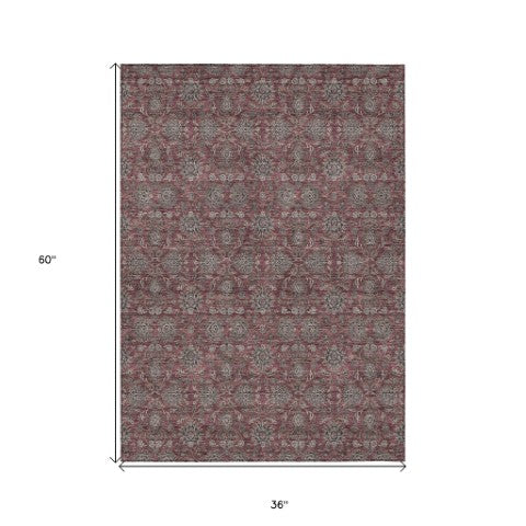 Homeroots 3' Chocolate And Gray Floral Washable Area Rug For Indoor And Outdoor Spaces, Durable Design 3' X 5' Polyester 582284