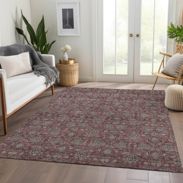 Homeroots 3' Chocolate And Gray Floral Washable Area Rug For Indoor And Outdoor Spaces, Durable Design 5' X 8' Polyester 582285