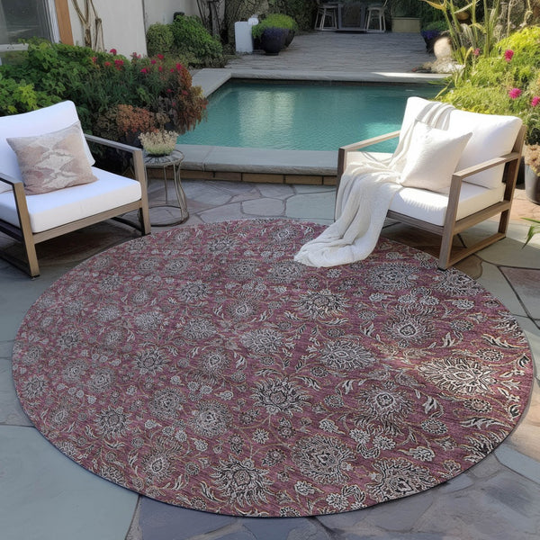 Homeroots 3' Chocolate And Gray Floral Washable Area Rug For Indoor And Outdoor Spaces, Durable Design 8' Round Polyester 582286