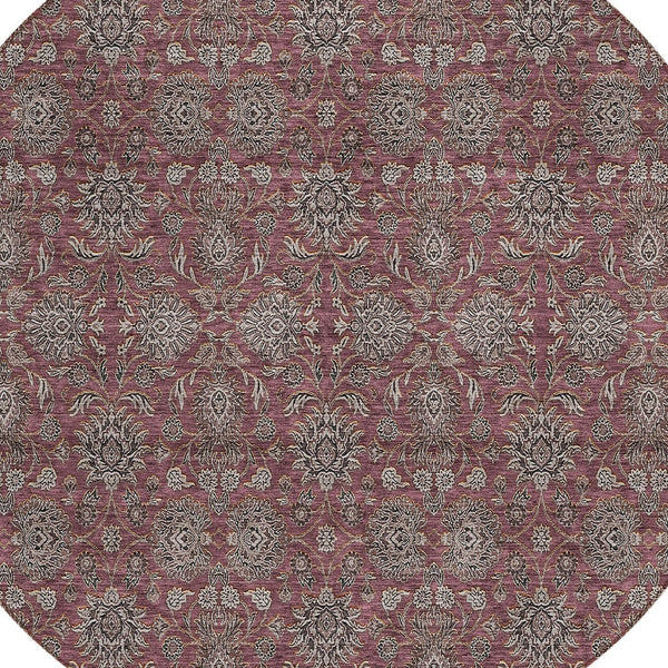 Homeroots 3' Chocolate And Gray Floral Washable Area Rug For Indoor And Outdoor Spaces, Durable Design 8' Round Polyester 582286