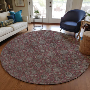 Homeroots 3' Chocolate And Gray Floral Washable Area Rug For Indoor And Outdoor Spaces, Durable Design 8' Round Polyester 582286