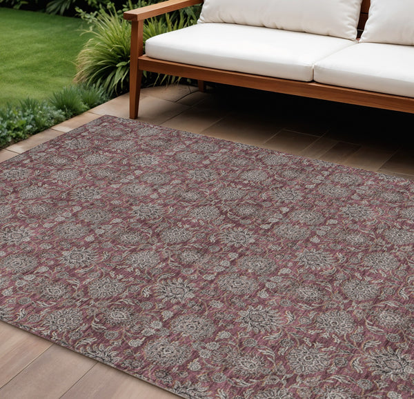 Homeroots 3' Chocolate And Gray Floral Washable Area Rug For Indoor And Outdoor Spaces, Durable Design 9' X 12' Polyester 582288