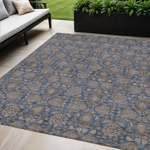 Homeroots 3' Chocolate And Gray Floral Washable Area Rug For Indoor And Outdoor Spaces, Durable Design 5' X 8' Polyester 582291