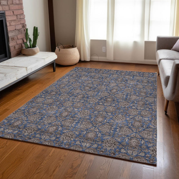 HomeRoots 5' Stylish Floral Area Rug in Navy, Beige, and Taupe - Durable, Washable for Indoor and Outdoor Use 5' X 8' 582291