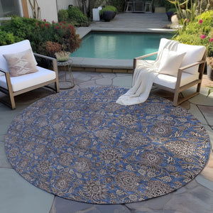Homeroots 3' Chocolate And Gray Floral Washable Area Rug For Indoor And Outdoor Spaces, Durable Design 8' Round Polyester 582292